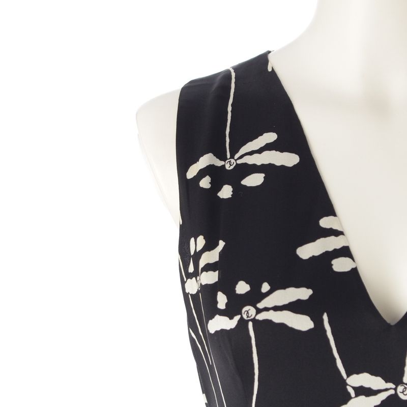 Chanel 98P Silk Dragonfly Pattern Sleeveless Dress P10403 Black 38