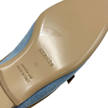 Hermes Groupie Flat Shoes Denim Leather Light Blue Brown Unused Mule Slipper