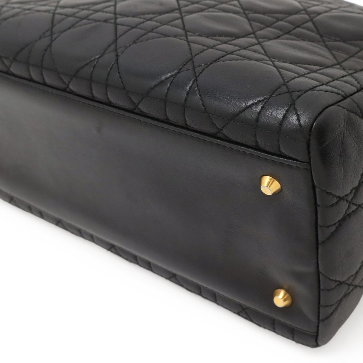 Christian DIOR Lady Dior Cannage Handbag Tote Bag Lambskin Leather Black Black