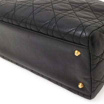 Christian DIOR Lady Dior Cannage Handbag Tote Bag Lambskin Leather Black Black