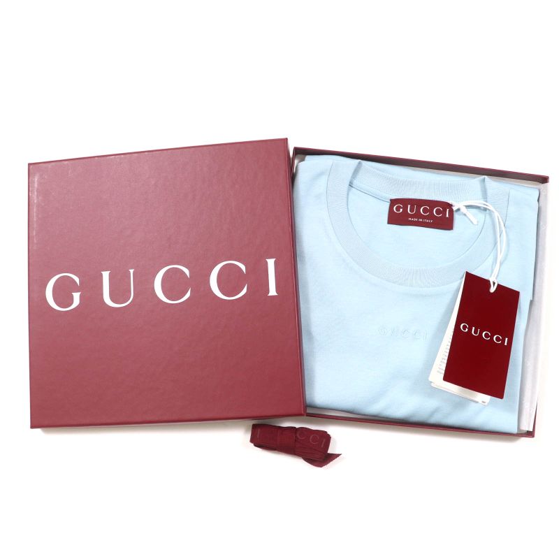 Gucci 837965 100% Cotton Short Sleeve T-shirt With Logo Embroidery Light Blue M