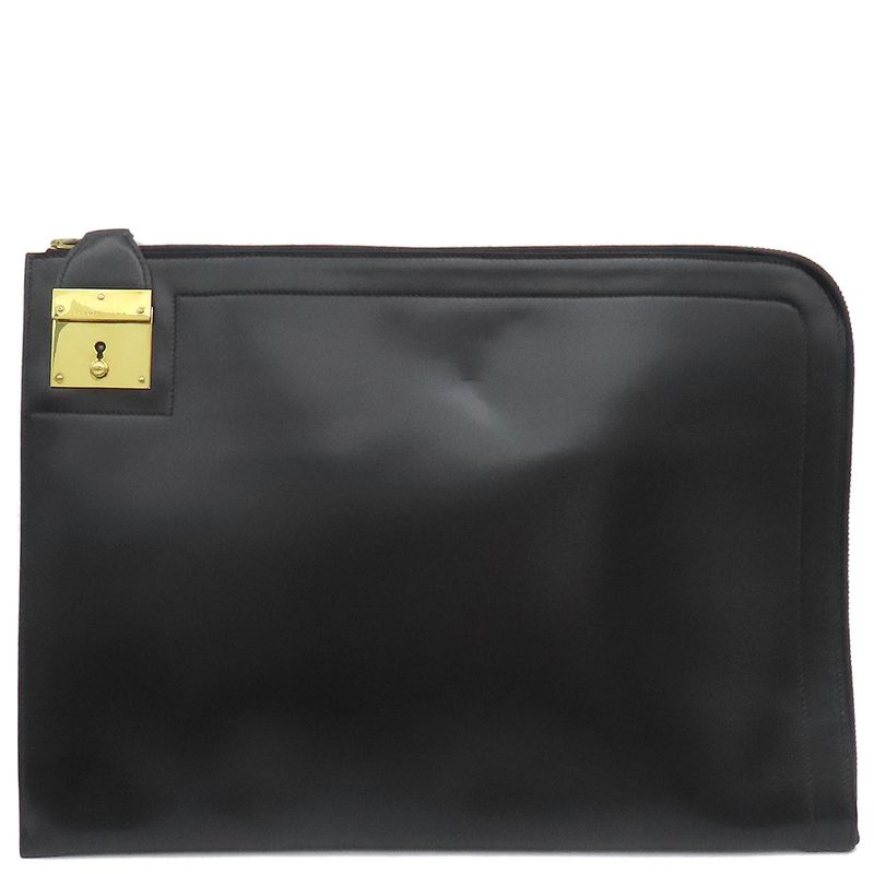 Hermes Clutch Bag Document Case Box Calf Black Gold Hardware Black Document