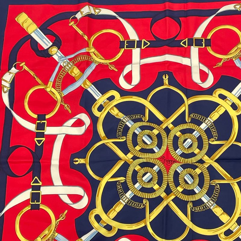 Hermes Carre 90 Scarf Eperon D'or Golden Spur 100% Silk Navy And Red