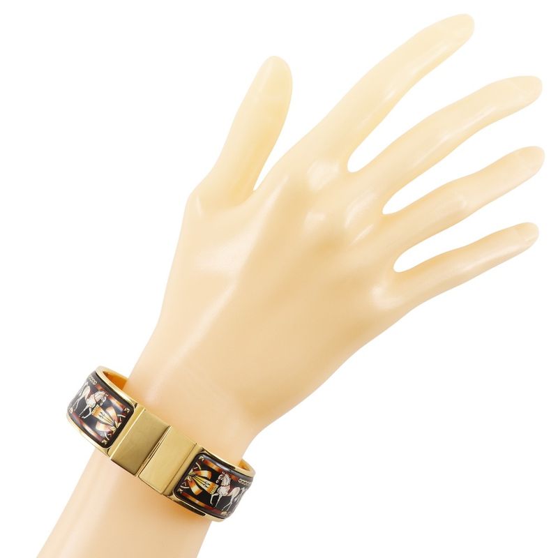 Hermes Roque Emile Cloisonne Horse Pattern Bangle Gold Plated Black Ladies