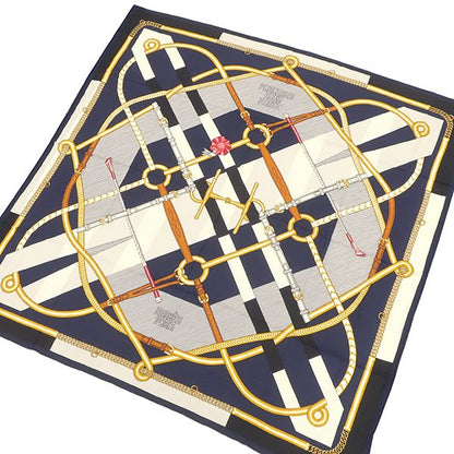 Hermes Shawl Carre 140 Carre Cashmere Silk Marine White and Gold [parcours Sans