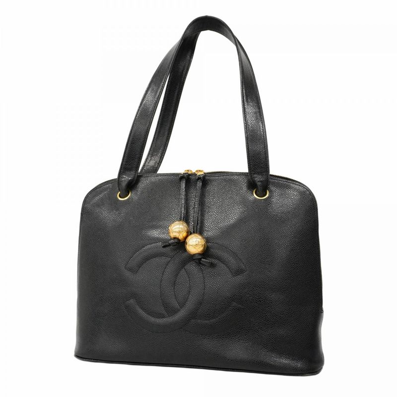 Chanel Shoulder Bag Caviar Skin Black Gold Hardware Women