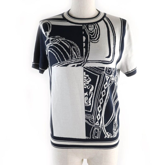 Hermes 24 Year None Order Silk Knit Jacquard Short Sleeve Knit Navy White 38
