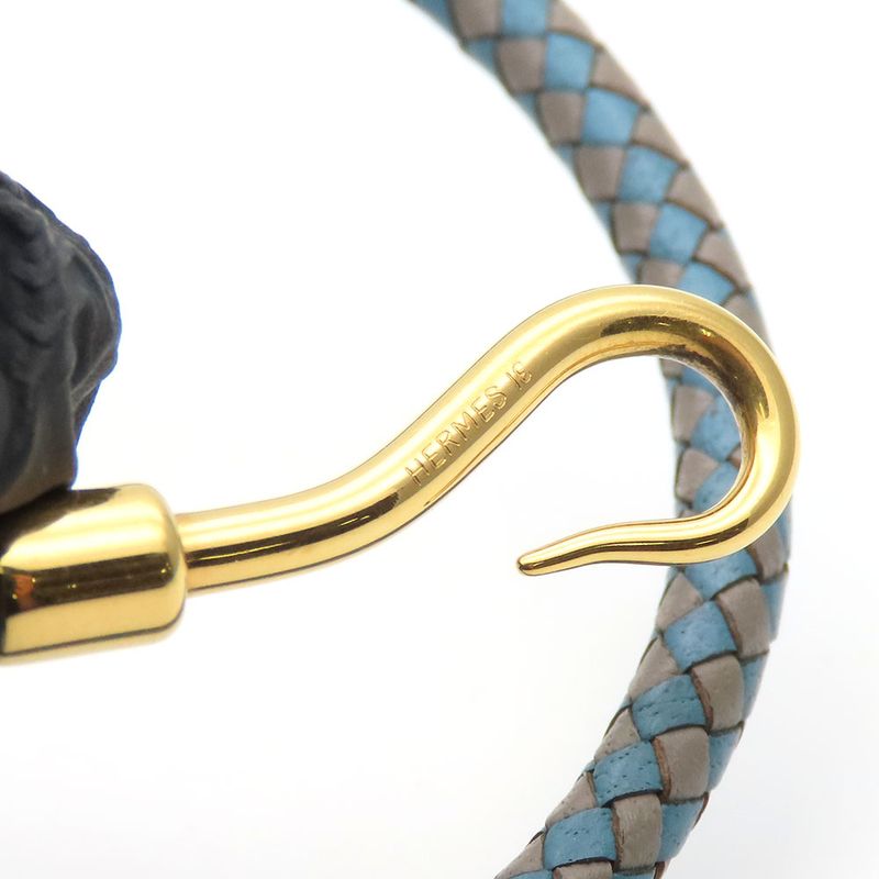 Hermes Bracelet Jumbo Breath Metal Leather Blue Gray Gold Hardware 2 Strands