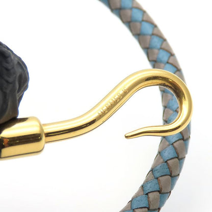 Hermes Bracelet Jumbo Breath Metal Leather Blue Gray Gold Hardware 2 Strands