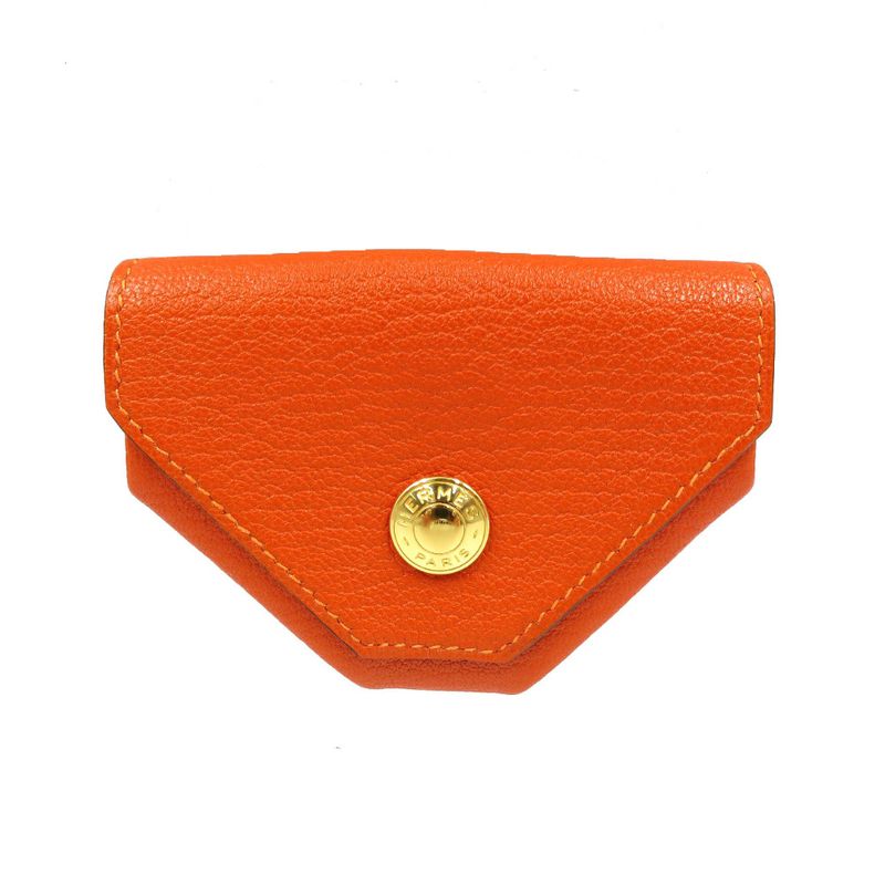 Hermes Le Caran Uit LE48 G Engraved Chevre Silver Hardware Red Orange Coin Case