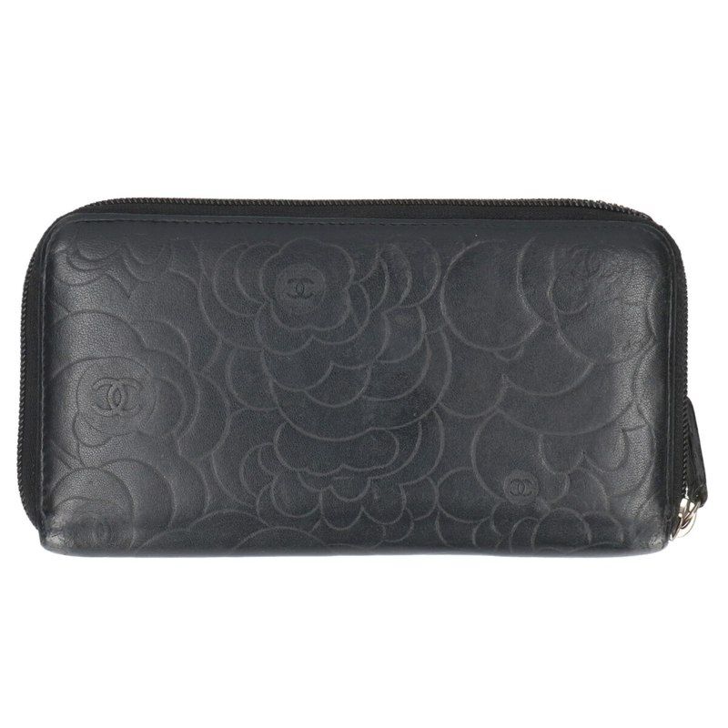 Chanel Coco Mark Camelia Embossed Round Zip Wallet Women