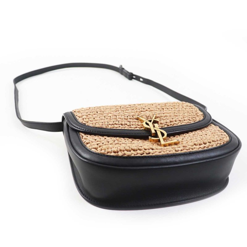 Saint Laurent Paris 634818 Kaia Raffia Leather Shoulder Bag Natural Black Gold