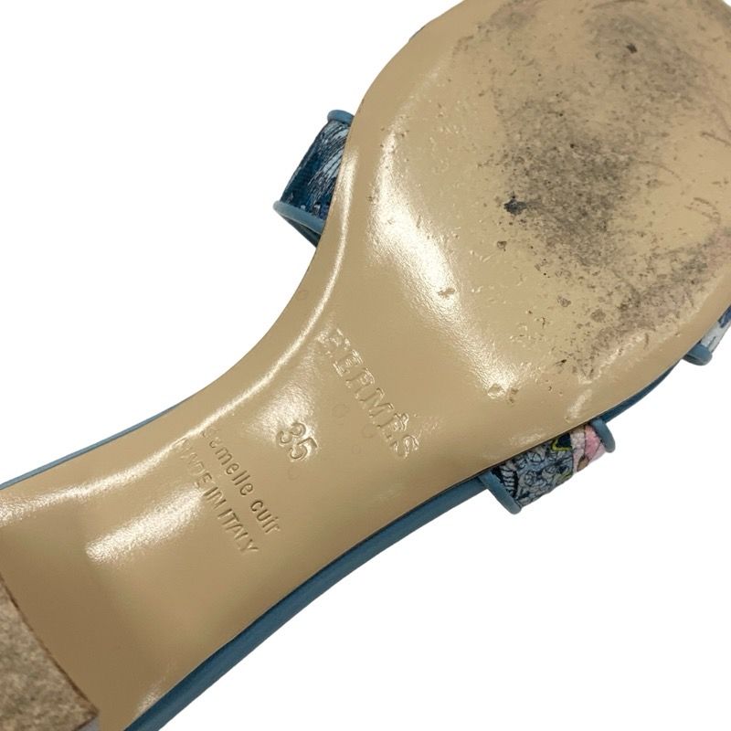 Hermes Oasis Sandals Shoes Canvas Leather Light Blue Multicolor Mule Pattern