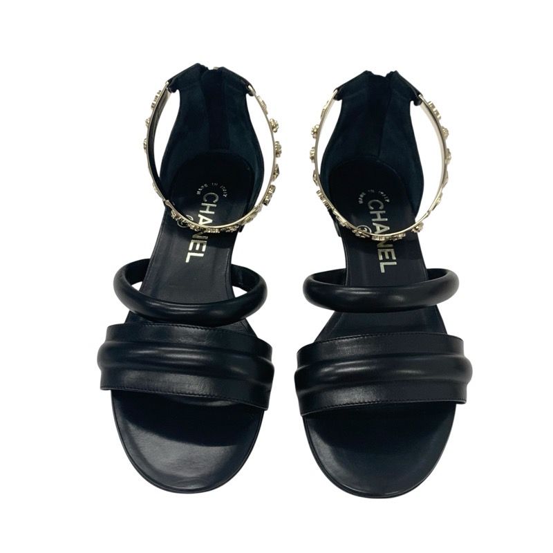 Chanel Sandals Shoes Leather Black Gold Coco Mark Icon Metal Strap Matelasse