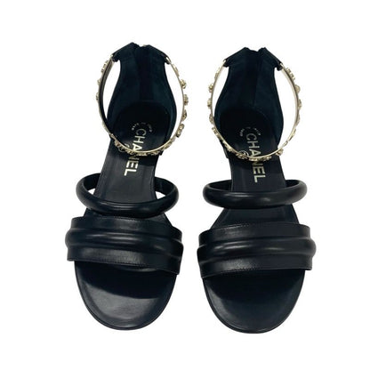Chanel Sandals Shoes Leather Black Gold Coco Mark Icon Metal Strap Matelasse