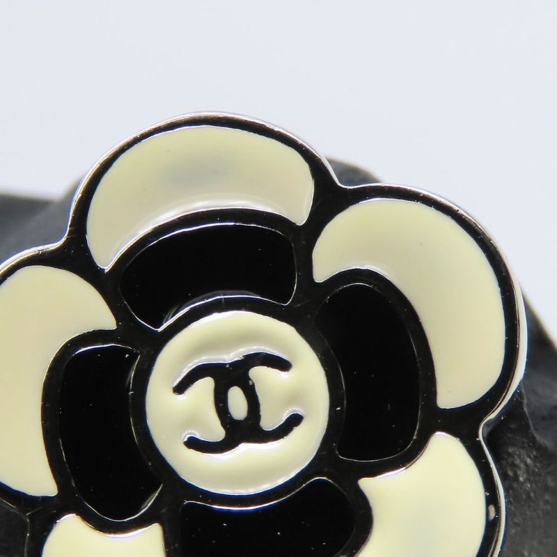 Chanel Earring Coco Mark Metal Silver Black Cream Camellia 05P Accessories