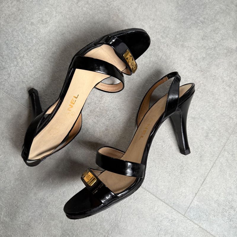 Chanel Logo Sandals Patent Leather Black Gold 37 24cm (9.45in)