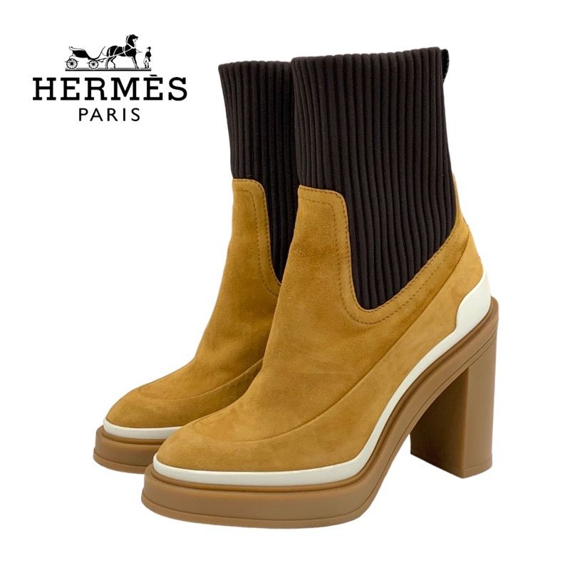 Hermes Boots Short Boots Sock Boots Shoes Suede Fabric Bicolor Camel Brown