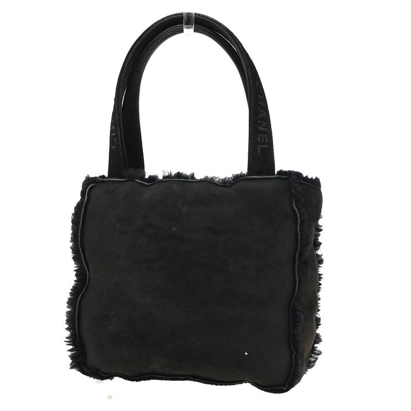 Chanel Handbag Logo Fur Bag Black Leather 34ka824