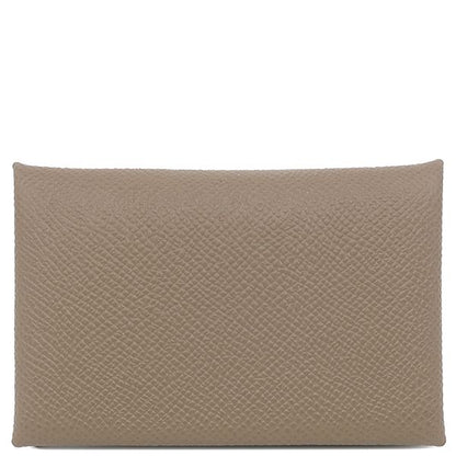 Hermes Card Case Calvi Vaux Epson Etoupe Silver Hardware Unused Glazed Stamped