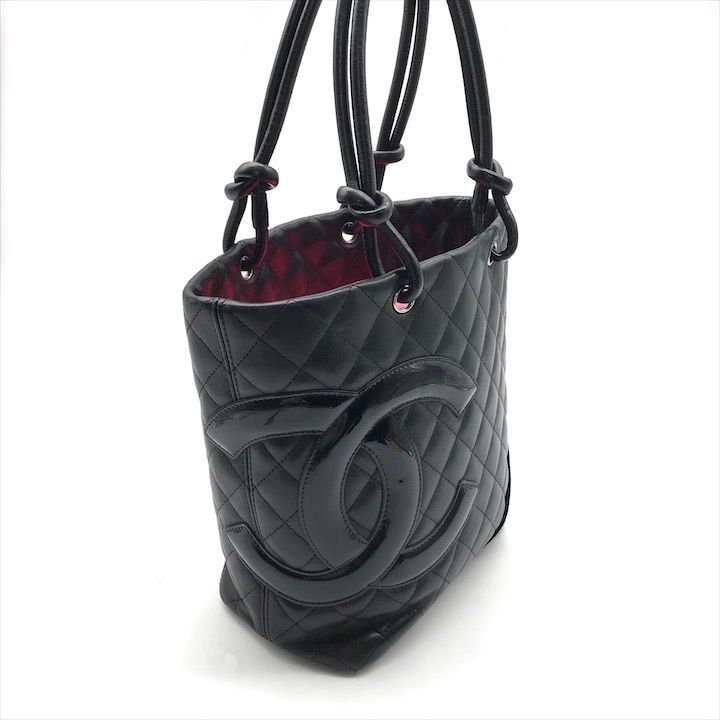 Chanel CC Logo Cambon Leather Patent Mini Hand Tote Black