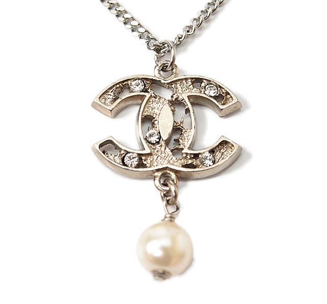 Chanel Necklace Pendant Coco Mark Rhinestone Faux Pearl Silver Rye Togo Old