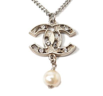 Chanel Necklace Pendant Coco Mark Rhinestone Faux Pearl Silver Rye Togo Old