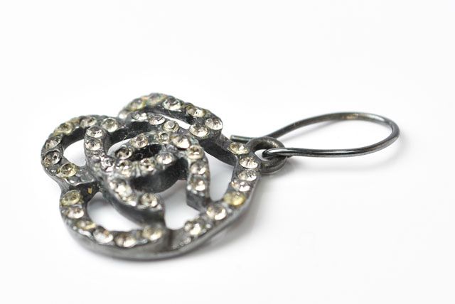 Chanel Earrings Camellia Motif With Coco Mark Rhinestones In Chrome Silver