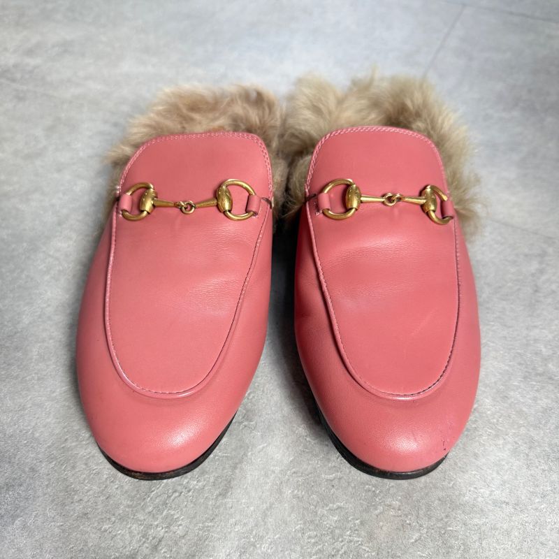 Gucci Prince Town Horsebit Loafer Sandal Fur Slip on Pink Gold Hardware Leather