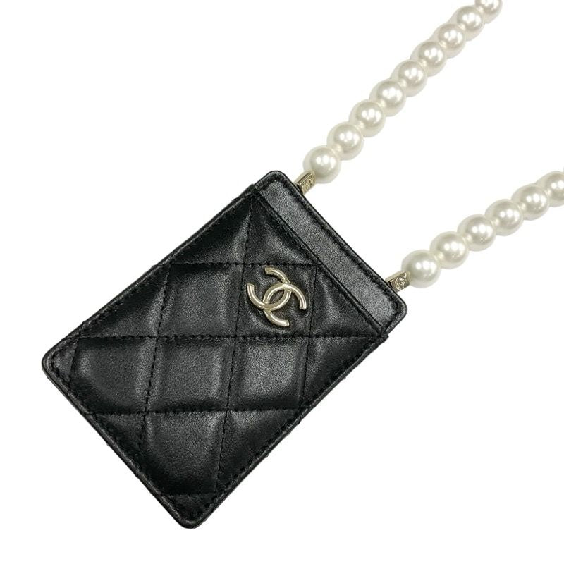 Chanel Card Case Card Holder Pass Case Black Gold Coco Mark Matelasse Pearl