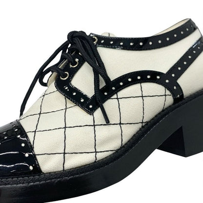 Chanel Loafers Leather Shoes Patent Fabric White Black Here Mark Lace Up Shoes