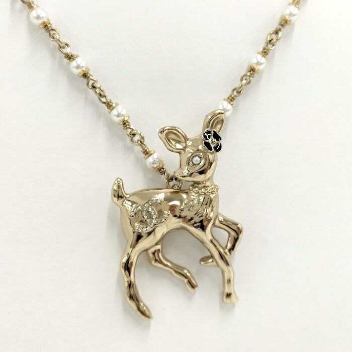 Chanel Necklace Bambi Rhinestone Faux Pearl Gold Plated