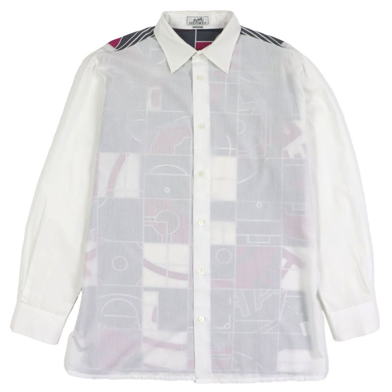 Hermes Mosaic Giant Cotton Serie Button Back Print Long Sleeve Shirt White