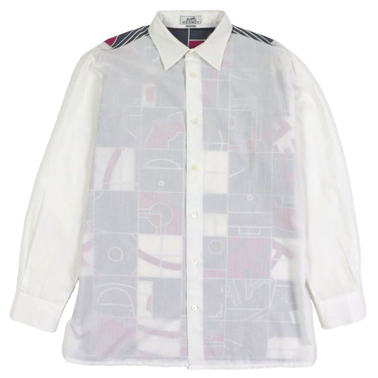 Hermes Mosaic Giant Cotton Serie Button Back Print Long Sleeve Shirt White