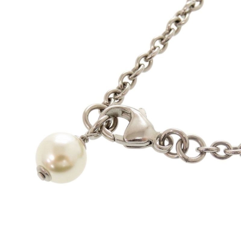 Chanel Coco Mark Metal Rhinestone Faux Pearl Silver Necklace 0470 Chanel