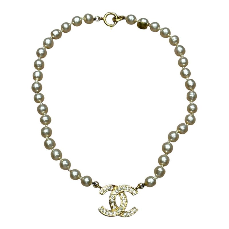 Chanel Coco Mark Pearl Necklace Women White FREE