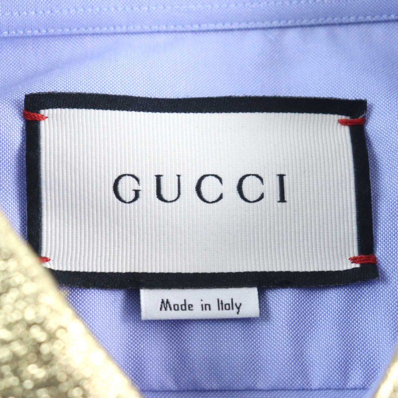 Gucci 521946 100% Cotton Logo Button Collar Silk Long Sleeves Blue Gold 41/16