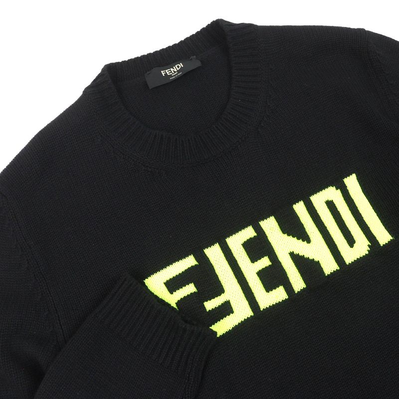 Fendi Fzz469 100% Cashmere Front Logo Crew Neck Long Sleeves Knit Sweater Black