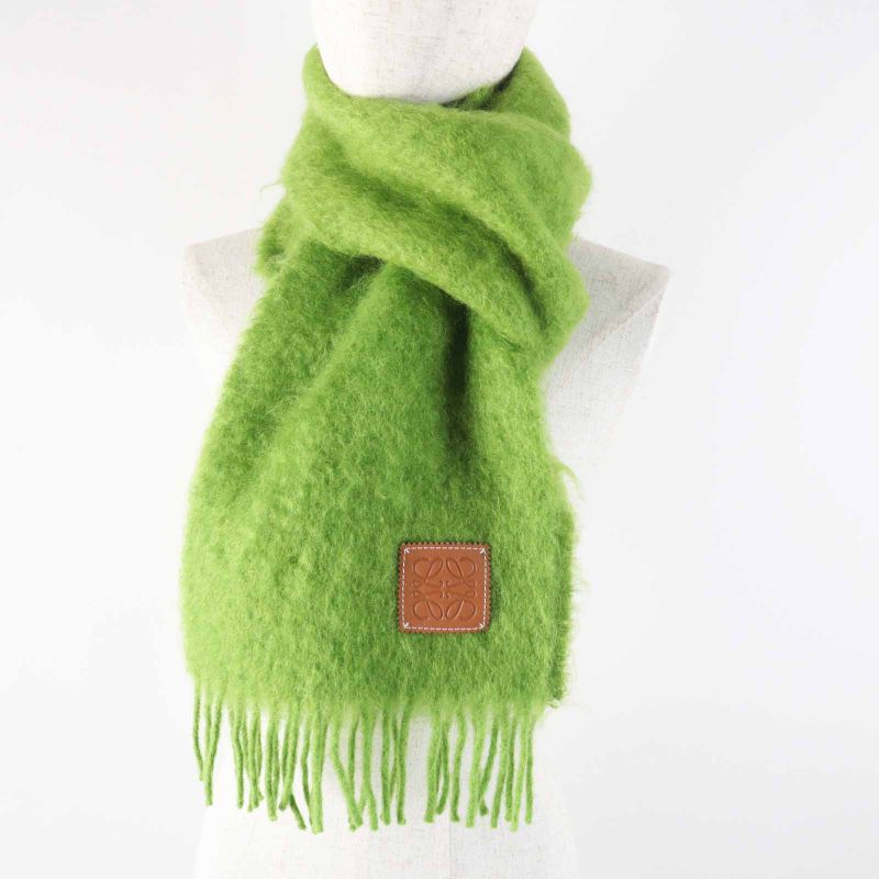 LOEWE Mohair Wool Anagram Leather Patch Fringed Scarf Green Made In Spain