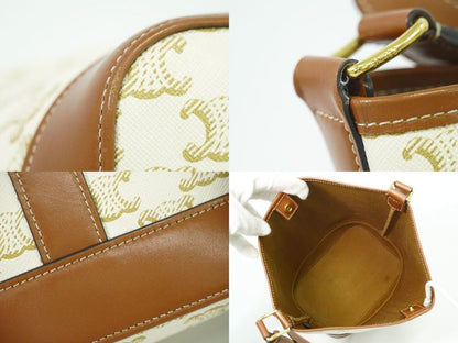Authentic Celine Triomphe Small Bucket Shoulder Bag Pochette PVC White Brown