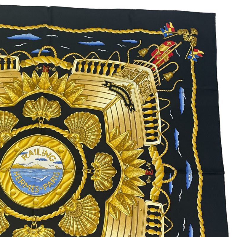 Hermes Carre 90 Railing Ship's Railings Scarf Silk Black