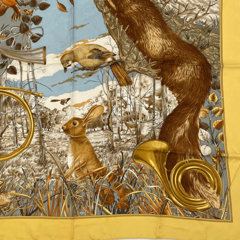 Hermes Carre 90 Chasse Au BOIS Hunting In The Woods Yellow Scarf 100% Silk