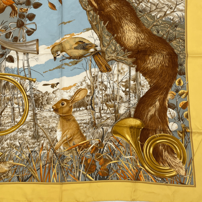 Hermes Carre 90 Chasse Au BOIS Hunting In The Woods Yellow Scarf 100% Silk