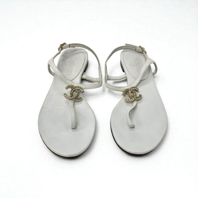 Chanel Sandals Shoes Leather White Gold Coco Mark Rhinestone Strap Thong