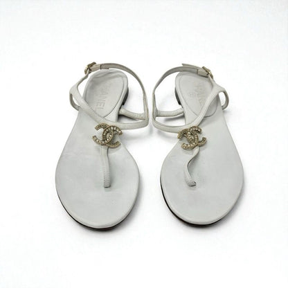 Chanel Sandals Shoes Leather White Gold Coco Mark Rhinestone Strap Thong
