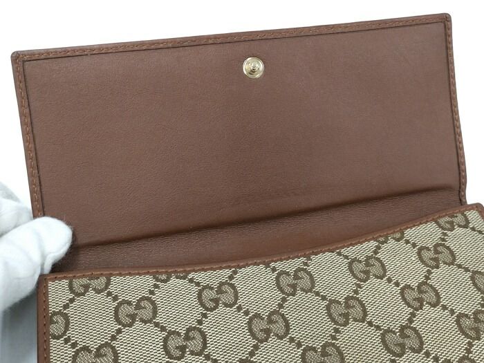 Gucci Trifold Wallet Leather Canvas Beige Brown 181593