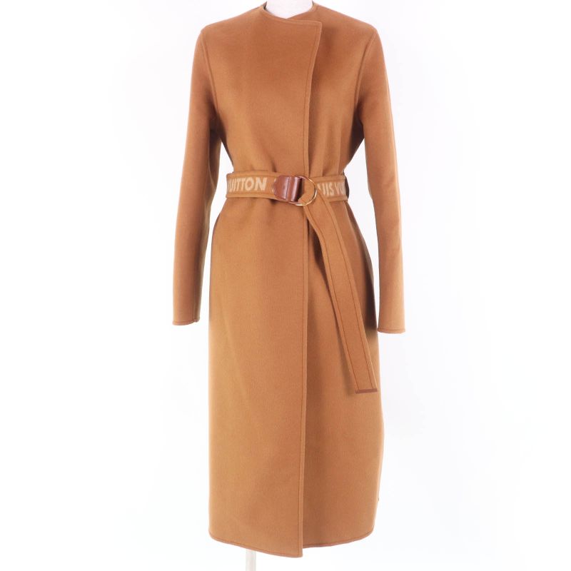 Louis Vuitton Wool Silk-blend Lined Monogram Belted Collarless Long Length Coat