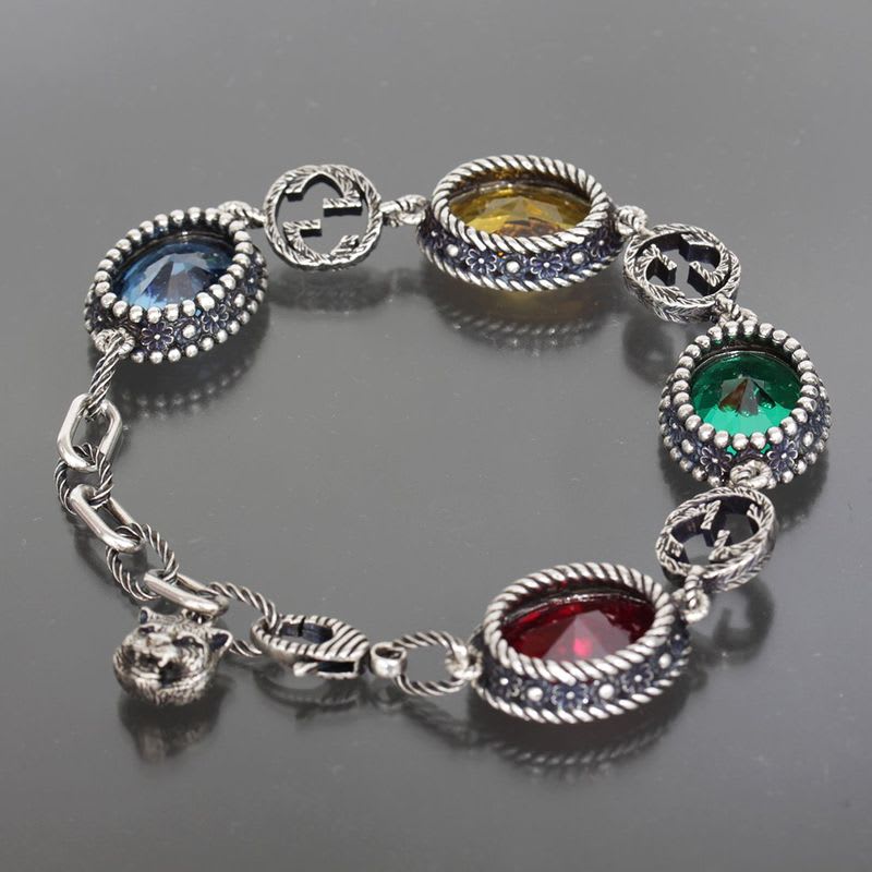 Gucci Multi-stone Bracelet Silver 925 Red Blue Yellow Green Men's E1036