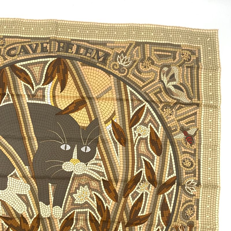 Hermes Carre 90 CAVE Felem Note The Cat Beige Scarf 100% Silk