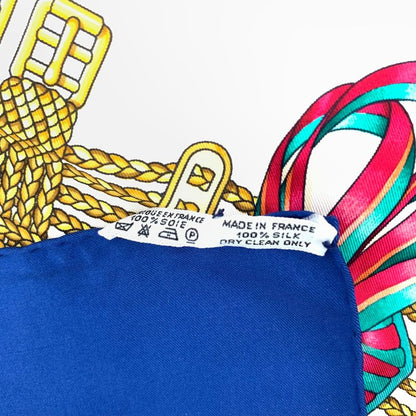 Hermes Carre 90 Lesrubansducheval Horse Ribbon Scarf Blue And Multicolor 100%